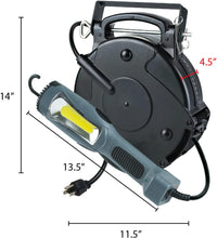 Load image into Gallery viewer, Alert ProReel 8150MM Retractable Cord Reel w/LED Work Light | 50' - 16/3 SJTOW Task Light Cord | 14W LED Shop Light Provides 1500 Lumens | Grounded Outlet with On/Off Handle Switch