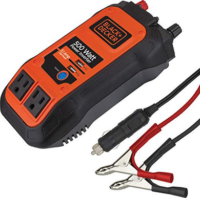 BLACK+DECKER PI500B 500W Power Inverter: Dual 120V AC Outlets, 3.1A USB Ports, 12V DC Adapter, Battery Clamps - MCA supply