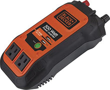 Load image into Gallery viewer, BLACK+DECKER PI500B 500W Power Inverter: Dual 120V AC Outlets, 3.1A USB Ports, 12V DC Adapter, Battery Clamps