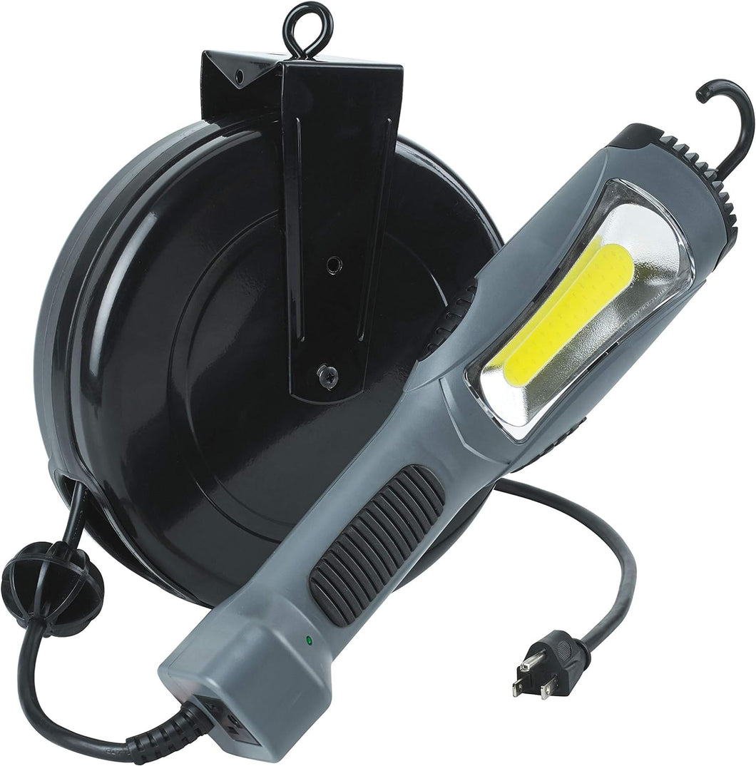 Alert ProReel 5030AM Retractable Cord Reel w/LED Work Light | 30' - 16/3 SJTOW Task Light Cord | 14W LED Shop Light Provides 1500 Lumens | Grounded Outlet with On/Off Handle Switch